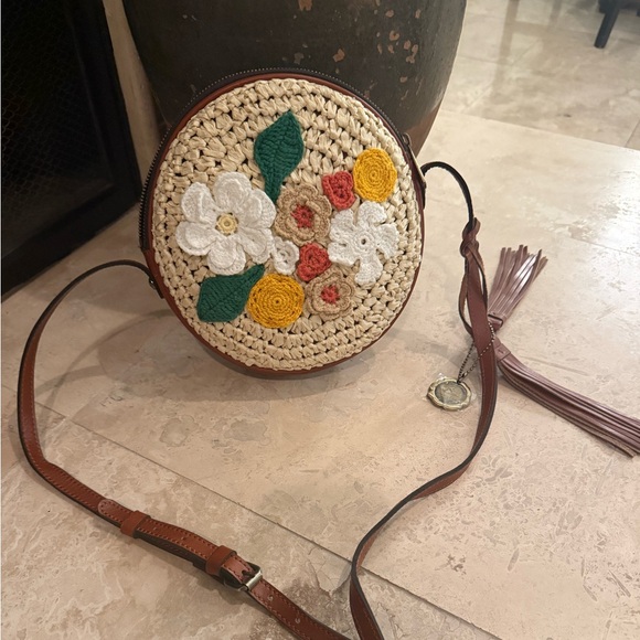 New Patricia Nash Ossi Satchel CROSS BODY Woven Raffia & Leather Crochet Flowers - Picture 1 of 7
